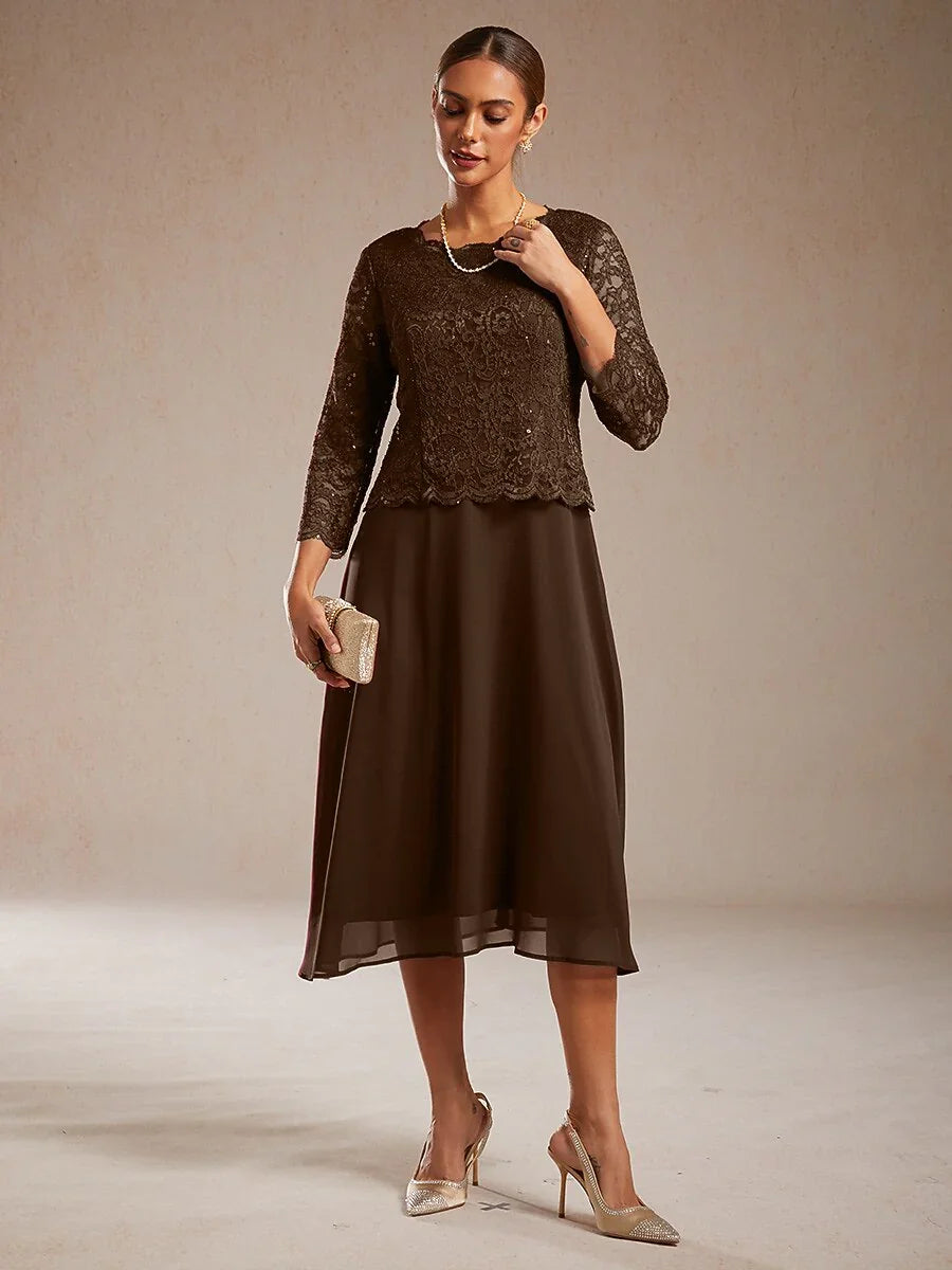 Elegantes Spitzen- und Chiffonkleid in Tea-Länge