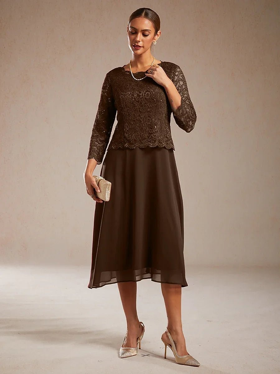 Vestido elegante de encaje y gasa a media pierna