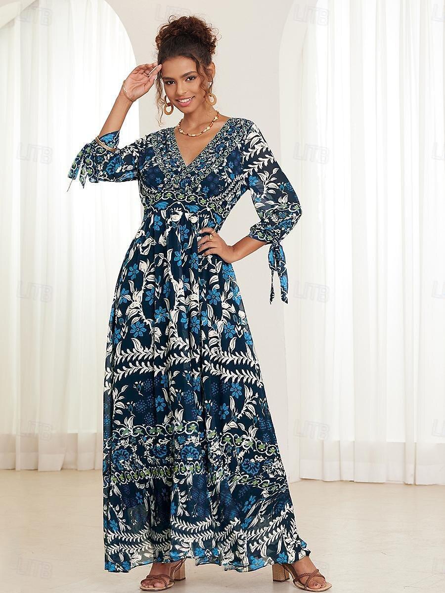 Urlaubs-Maxikleid aus Chiffon mit Rüschen und V-Ausschnitt