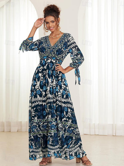 Urlaubs-Maxikleid aus Chiffon mit Rüschen und V-Ausschnitt