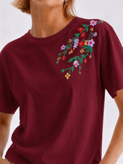 Embroidered 100% Cotton Floral Tee