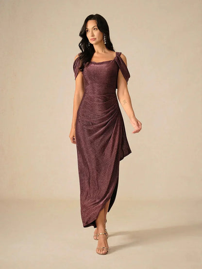 Ankle-Length Cold Shoulder Glitter Mesh Dress
