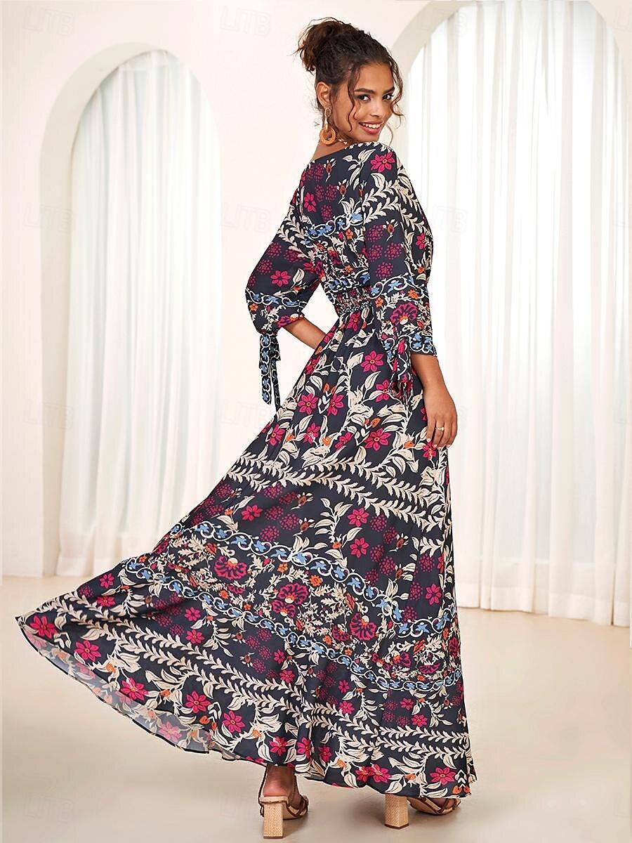 Urlaubs-Maxikleid aus Chiffon mit Rüschen und V-Ausschnitt
