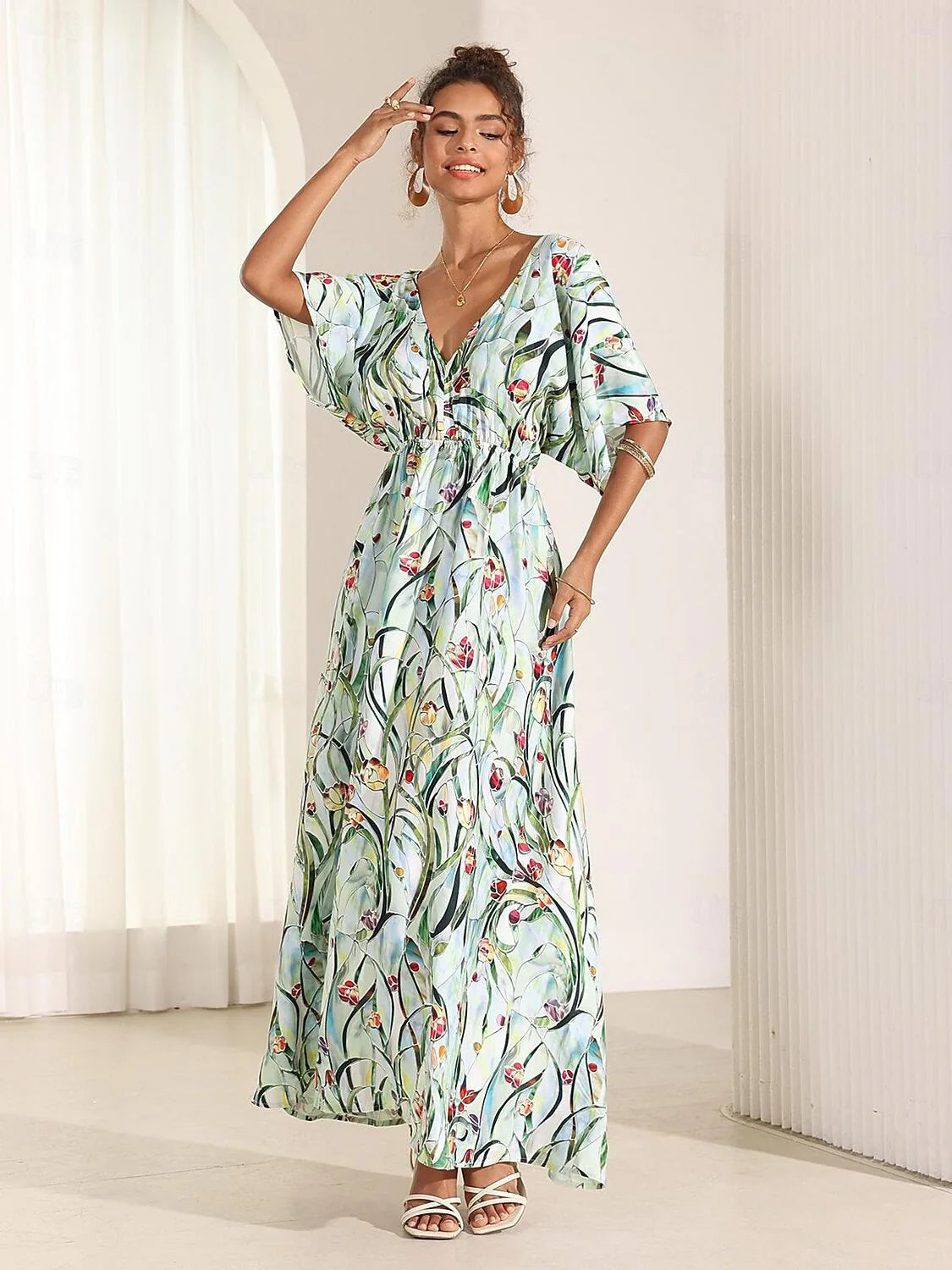 Tropical Floral Satin Maxi Dress