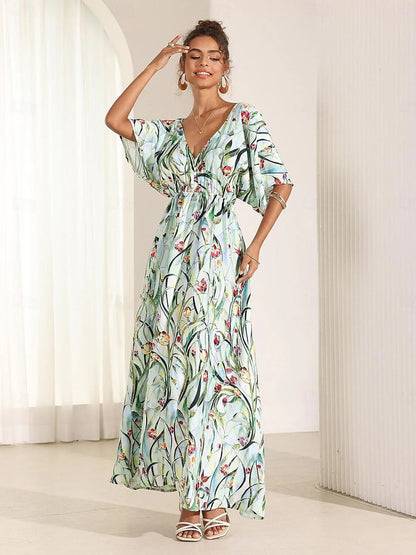 Tropical Floral Satin Maxi Dress