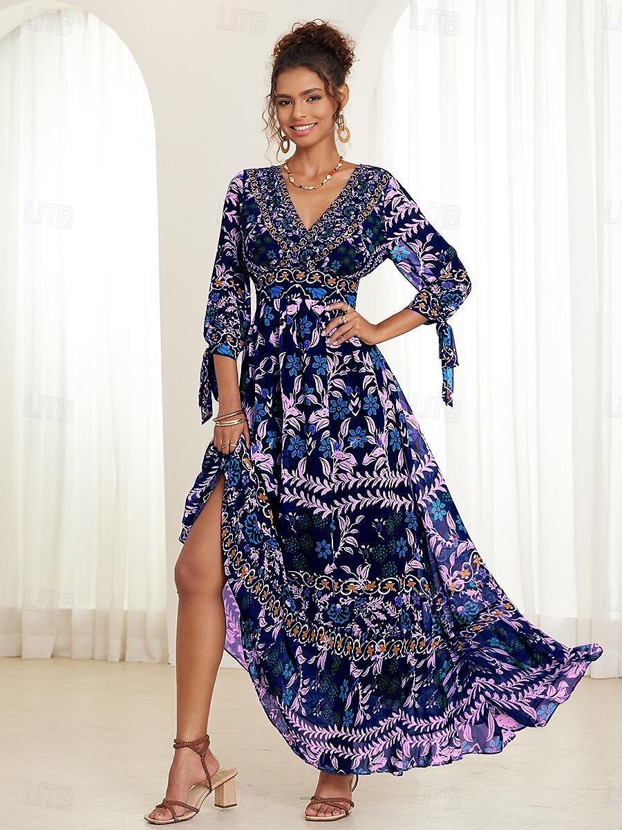 Urlaubs-Maxikleid aus Chiffon mit Rüschen und V-Ausschnitt