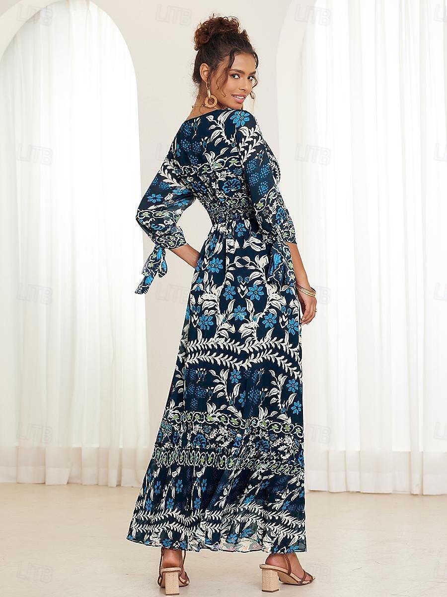 Urlaubs-Maxikleid aus Chiffon mit Rüschen und V-Ausschnitt