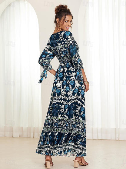 Urlaubs-Maxikleid aus Chiffon mit Rüschen und V-Ausschnitt