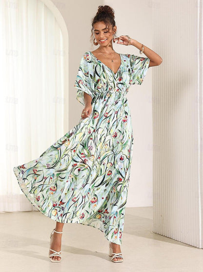 Maxikleid aus Satin mit tropischem Blumenmuster