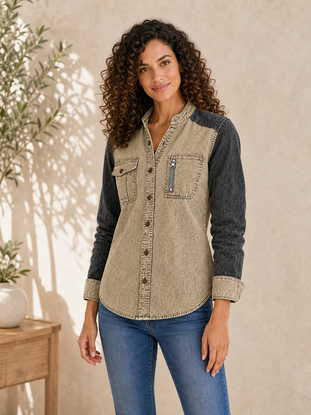 Denim Zipper Henley Shirt