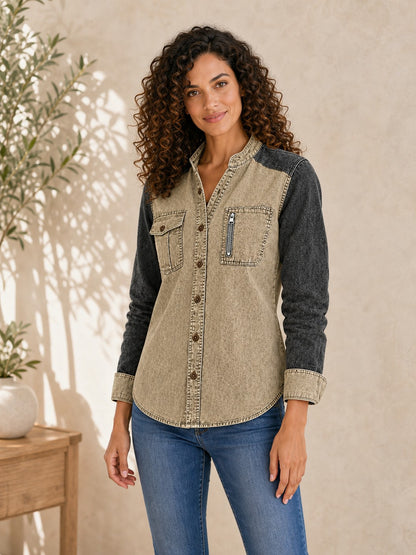 Denim Zipper Henley Shirt