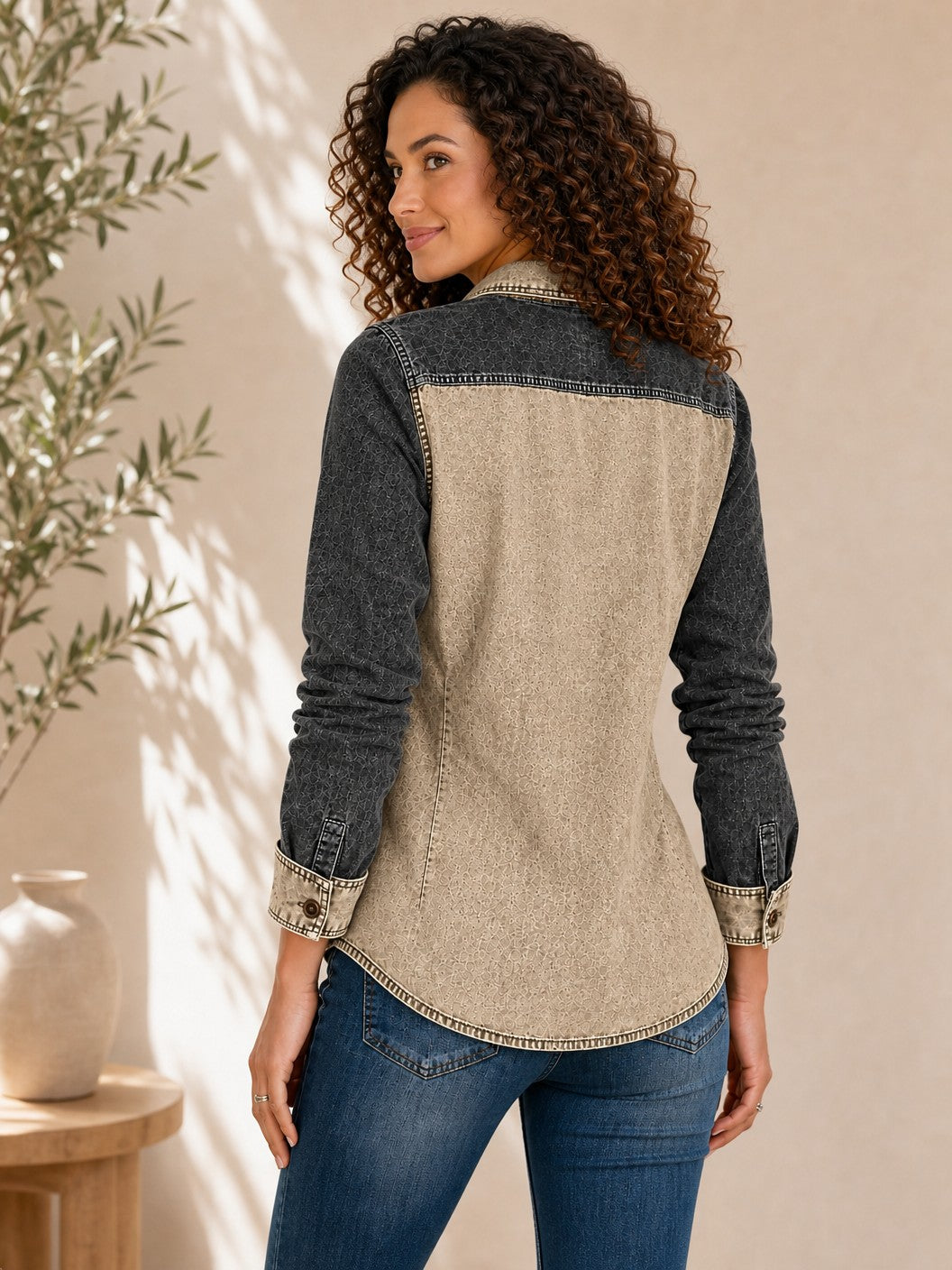 Denim Zipper Henley Shirt