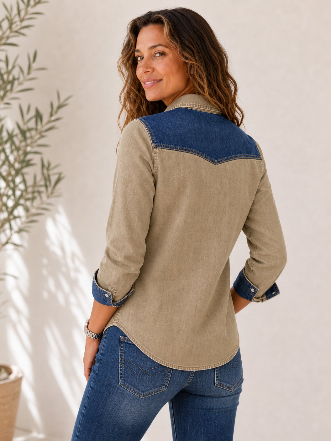 Patchwork Denim Henley Shirt