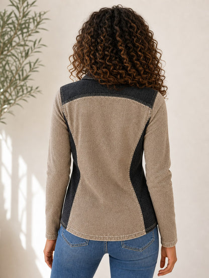 Patchwork Denim Quarter Zip Sweatshirt