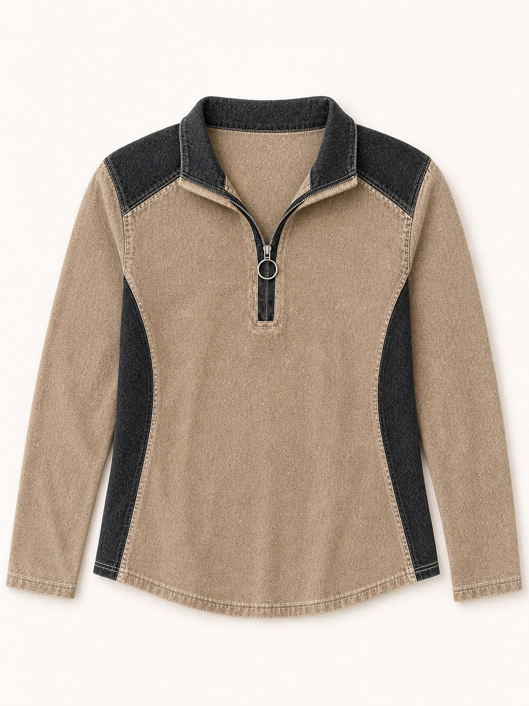 Patchwork Denim Quarter Zip Sweatshirt