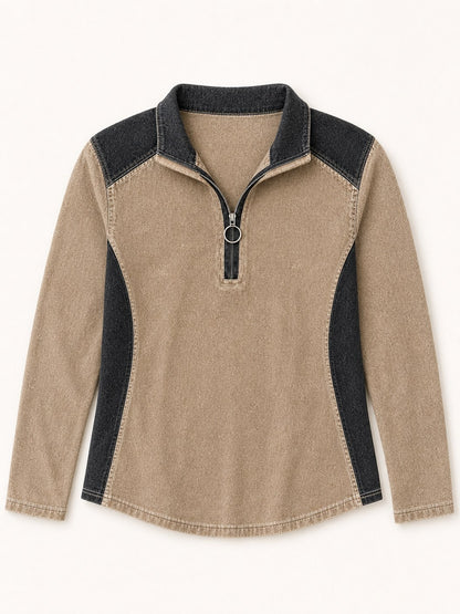 Patchwork Denim Quarter Zip Sweatshirt