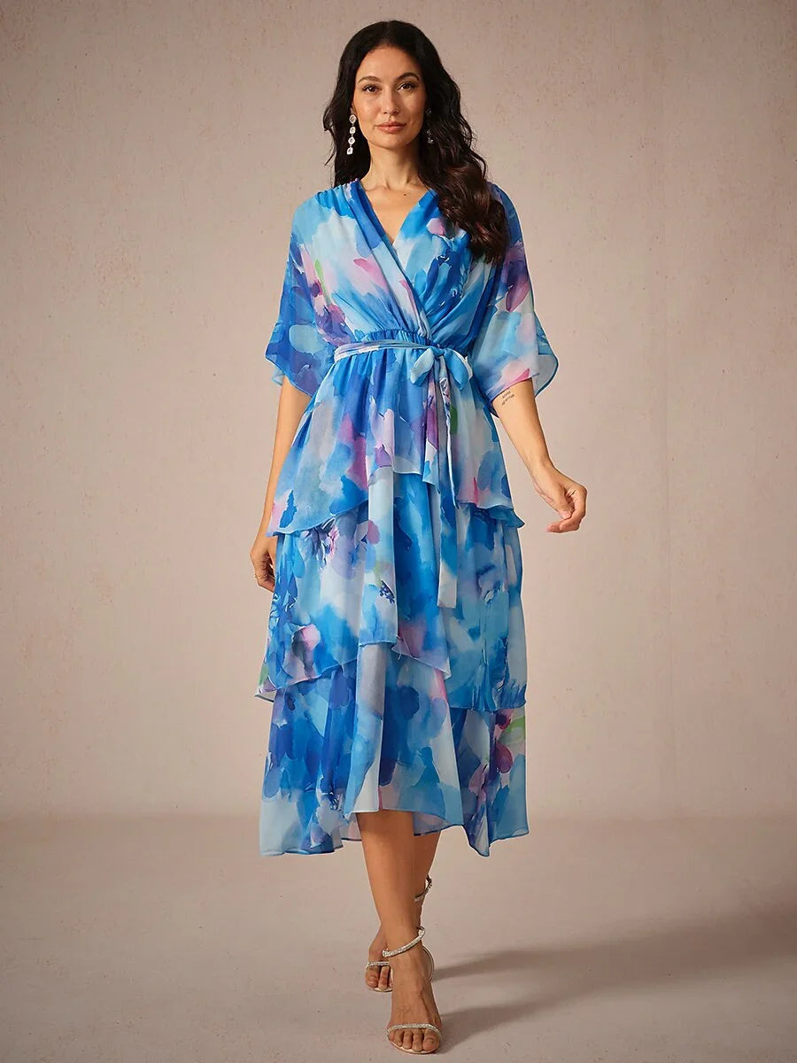 Chiffon Layered Ruffle V Neck Tye Dye Dress
