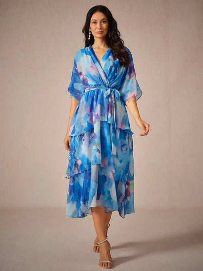 Chiffon Layered Ruffle V Neck Tye Dye Dress