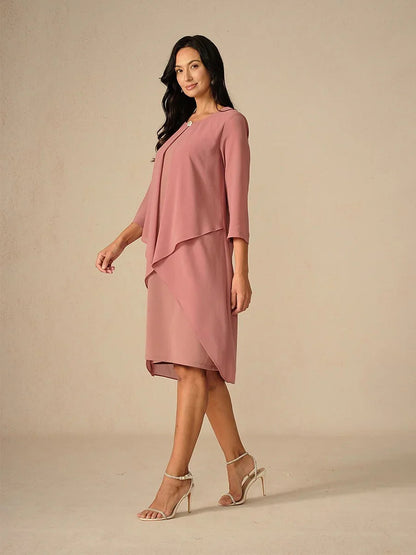3/4 Sleeve Knee-Length Chiffon Dress with Rhinestone
