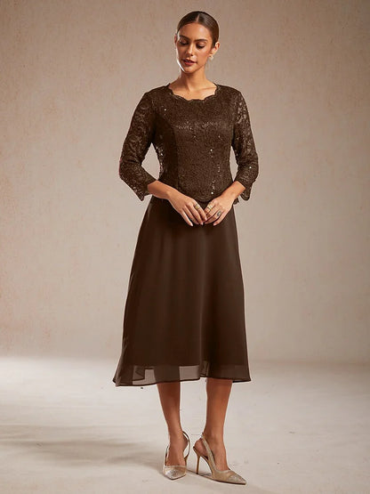 Vestido elegante de encaje y gasa a media pierna