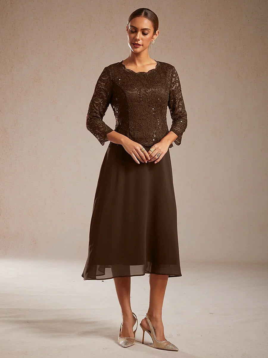 優雅蕾絲與雪紡茶長洋裝