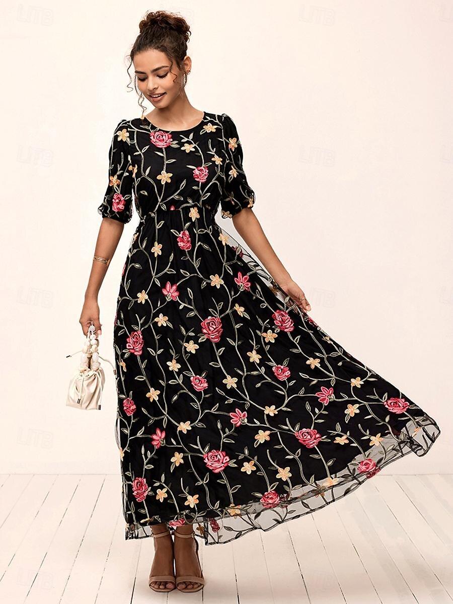 Black Floral Maxi Dress Elastic Waist Sheer Sleeves vvcloth Black Floral Maxi Dress Elastic Waist Sheer Sleeves vvcloth