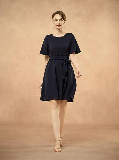Elegant Lace Back Fit and Flare Short Sleeve Navy Blue Dress