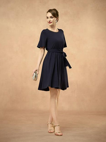 Elegant Lace Back Fit and Flare Short Sleeve Navy Blue Dress