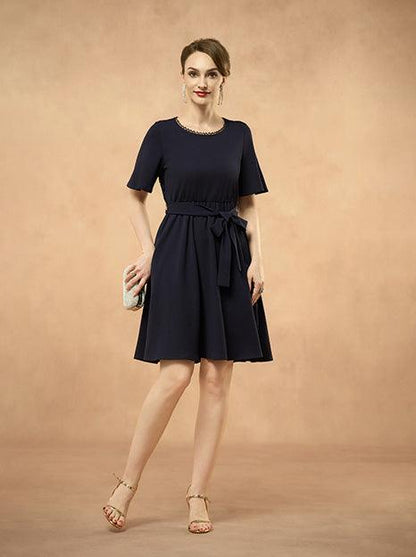 Elegant Lace Back Fit and Flare Short Sleeve Navy Blue Dress