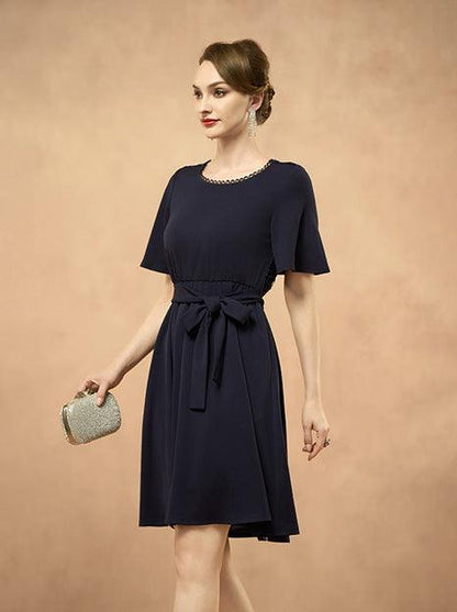Elegant Lace Back Fit and Flare Short Sleeve Navy Blue Dress