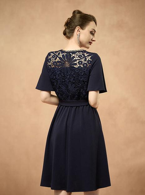 Elegant Lace Back Fit and Flare Short Sleeve Navy Blue Dress