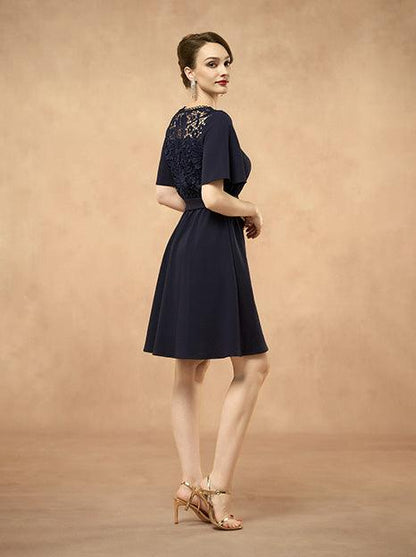 Elegant Lace Back Fit and Flare Short Sleeve Navy Blue Dress