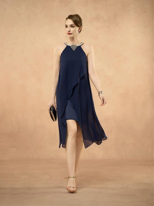 Chiffon Solid Sleeveless Halter Neck Navy Blue Dress