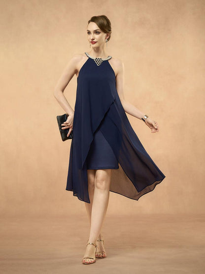 Chiffon Solid Sleeveless Halter Neck Navy Blue Dress
