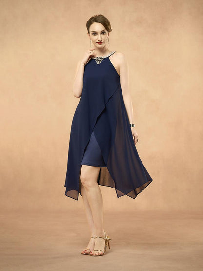 Chiffon Solid Sleeveless Halter Neck Navy Blue Dress