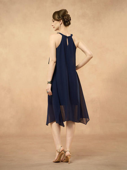Chiffon Solid Sleeveless Halter Neck Navy Blue Dress