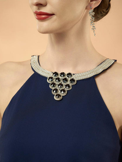 Chiffon Solid Sleeveless Halter Neck Navy Blue Dress