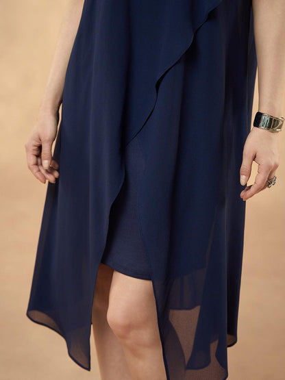 Chiffon Solid Sleeveless Halter Neck Navy Blue Dress