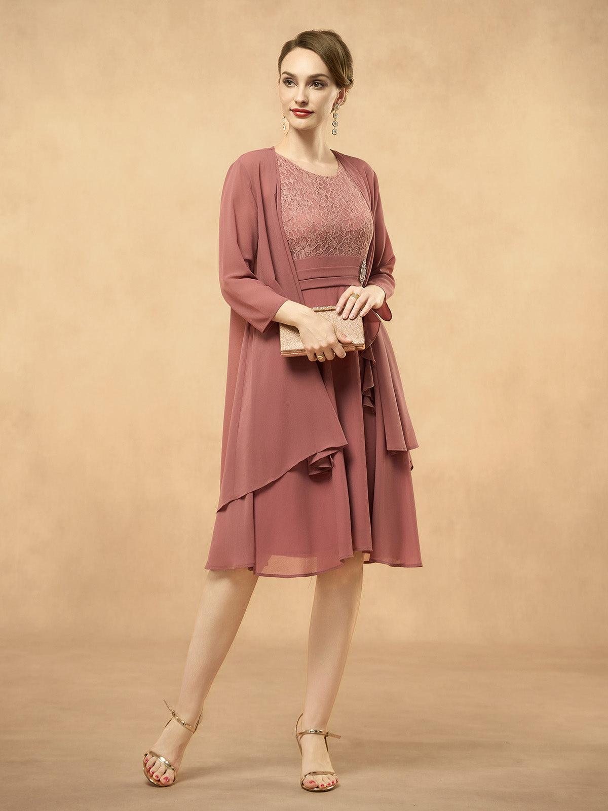 Gray Pink Lace Patchwork Chiffon Midi Dress