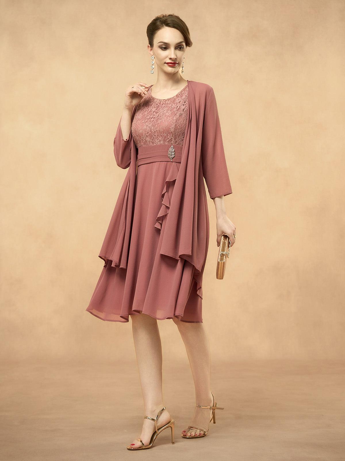 Gray Pink Lace Patchwork Chiffon Midi Dress
