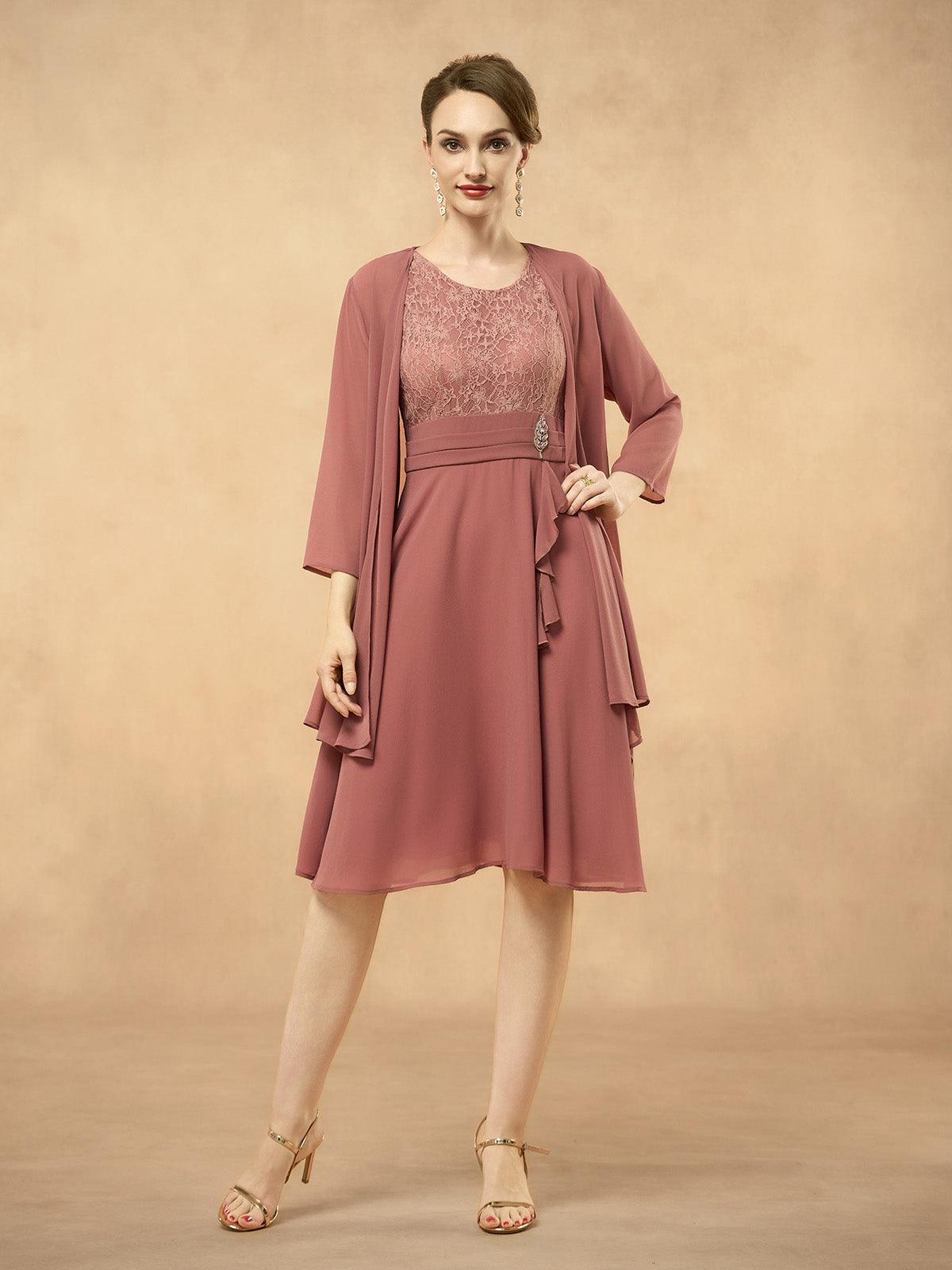 Gray Pink Lace Patchwork Chiffon Midi Dress