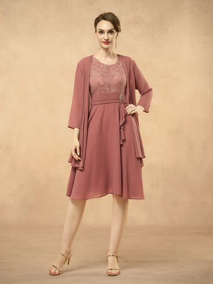 Gray Pink Lace Patchwork Chiffon Midi Dress