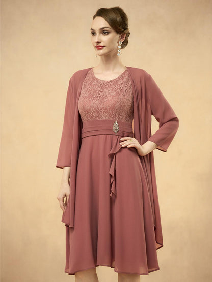 Gray Pink Lace Patchwork Chiffon Midi Dress
