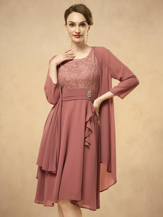 Gray Pink Lace Patchwork Chiffon Midi Dress