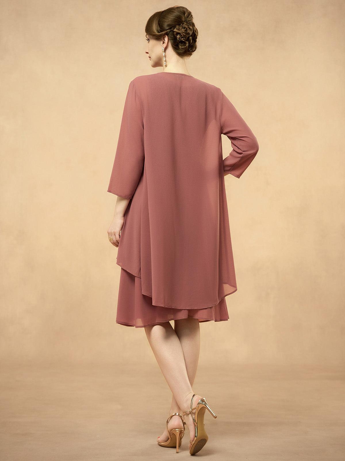 Gray Pink Lace Patchwork Chiffon Midi Dress