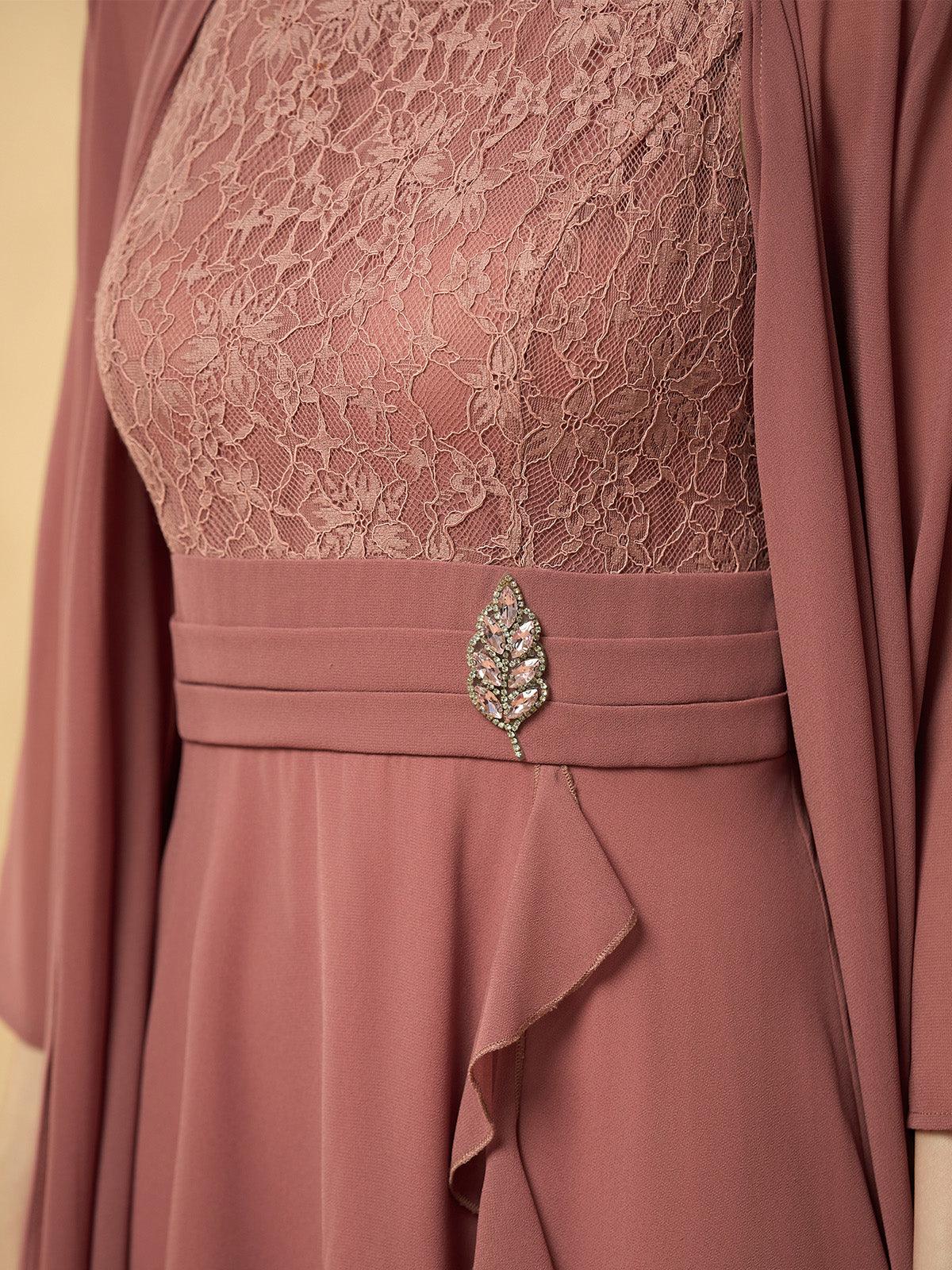 Gray Pink Lace Patchwork Chiffon Midi Dress