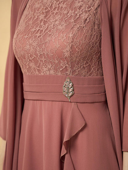 Gray Pink Lace Patchwork Chiffon Midi Dress
