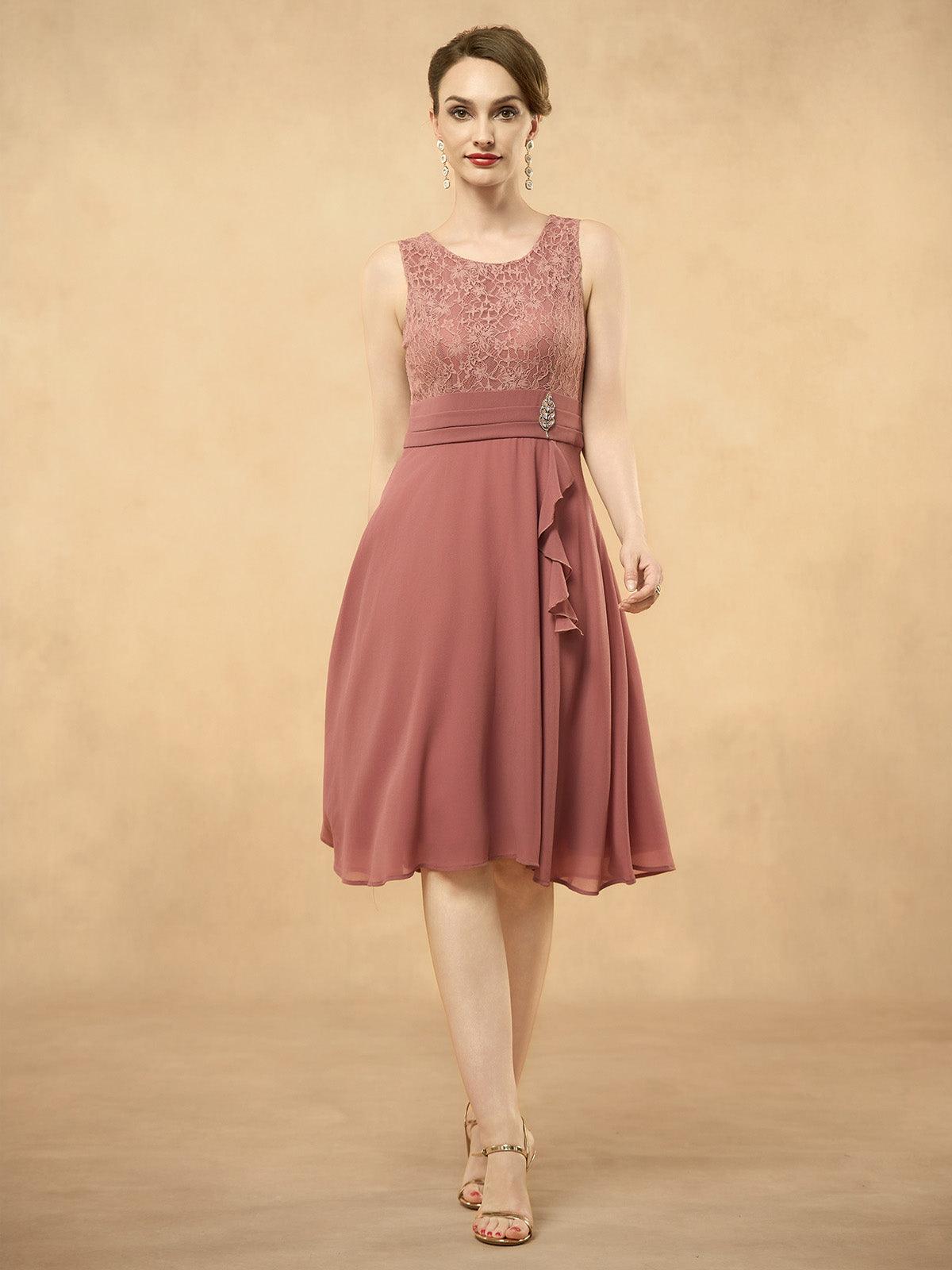 Gray Pink Lace Patchwork Chiffon Midi Dress