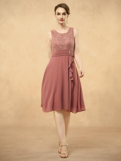 Gray Pink Lace Patchwork Chiffon Midi Dress