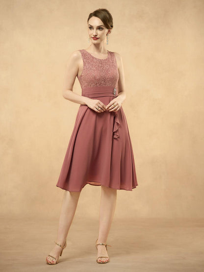 Gray Pink Lace Patchwork Chiffon Midi Dress